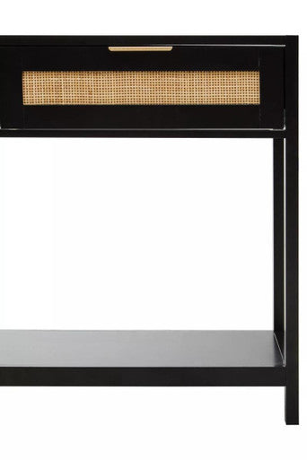 Black Wooden 2-Drawer Console Table with Natural Rattan Panels and Lower Shelf | Sherman