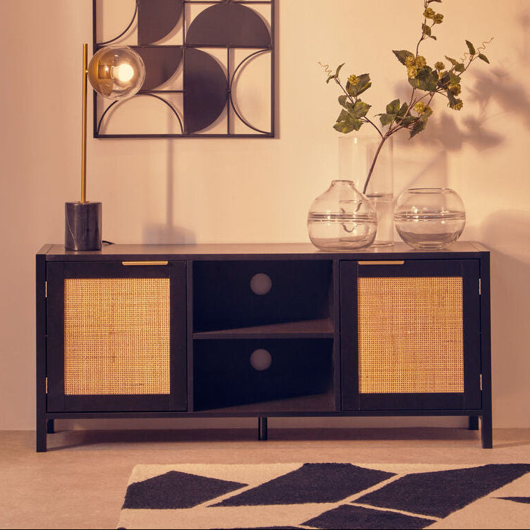 Black Wood and Rattan Media Unit | Sherman