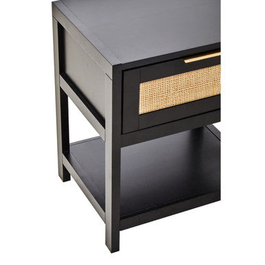 Black Wooden Bedside Table with Natural Rattan 1 Drawer | Sherman