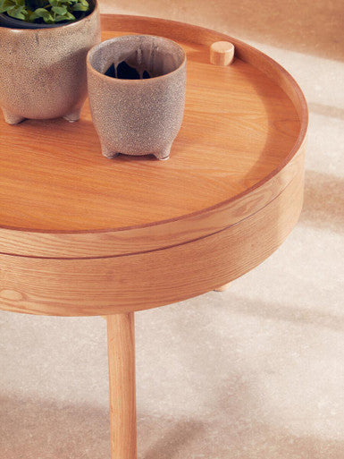 Light Oak Veneer Round Revolving Top Side Table with Hidden Storage Compartment | Viborg
