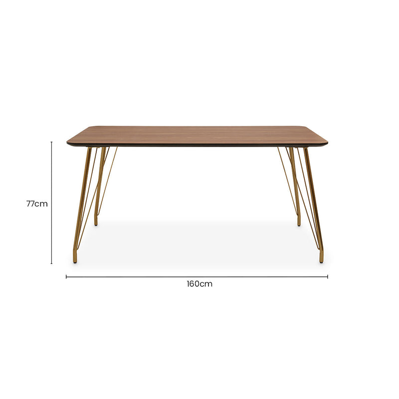Natural Wood Effect Top Dining Table with Gold Hairpin Metal Base | Veneto