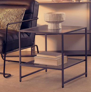 Grey Powder Coated Metal Square Side Table with Open Mesh Shelf, Acero | Acero