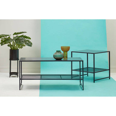 Black Powder Coated Metal Coffee Table with Open Storage Mesh Shelf, Acero | Acero