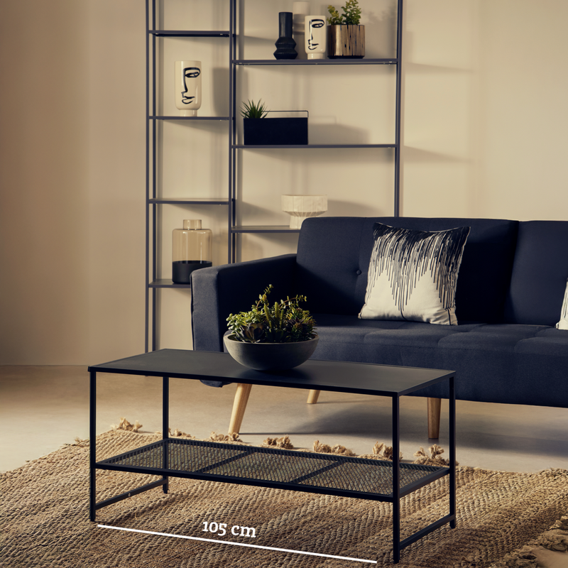 Black Powder Coated Metal Coffee Table with Open Storage Mesh Shelf, Acero | Acero