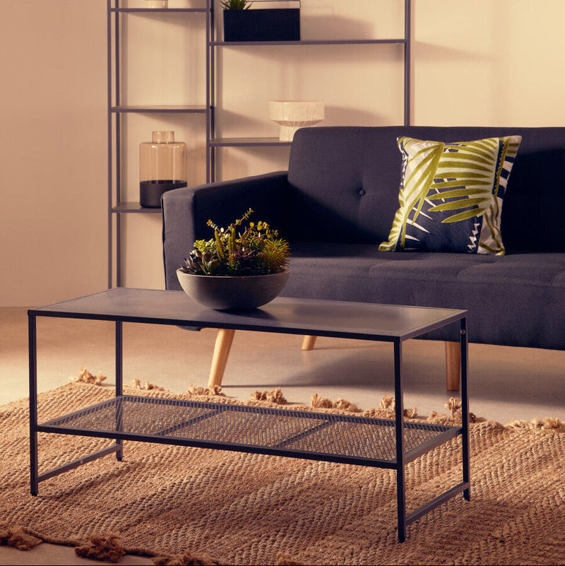 Grey Powder Coated Metal Coffee Table with Lower Mesh Display Shelf, Acero | Acero
