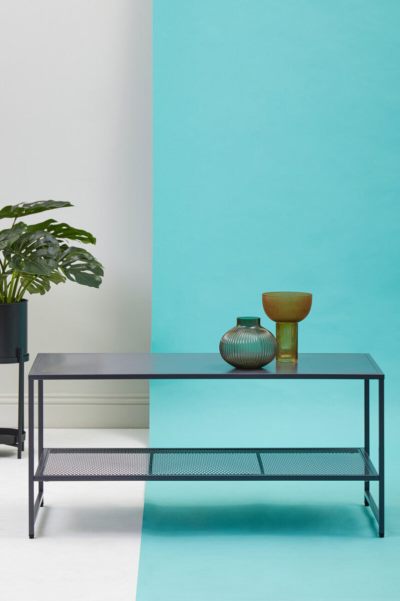 Grey Powder Coated Metal Coffee Table with Lower Mesh Display Shelf, Acero | Acero