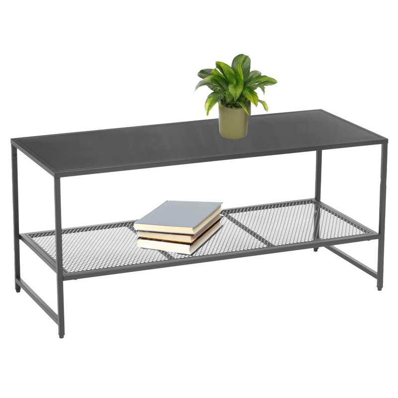 Grey Powder Coated Metal Coffee Table with Lower Mesh Display Shelf, Acero | Acero