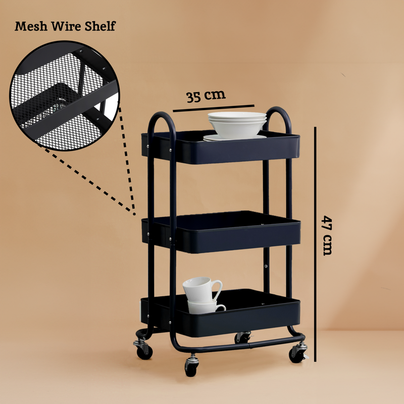 Three Tier Black Metal Trolley | Acero