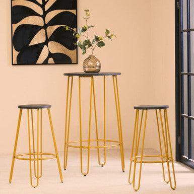3 Piece Elm Wood Bar Table and Stool Set with Angular Frame in Gold Finish | District