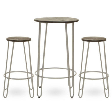 3 Piece Elm Wood Bar Table and Stool Set with Angular Frame in Silver Finish | District