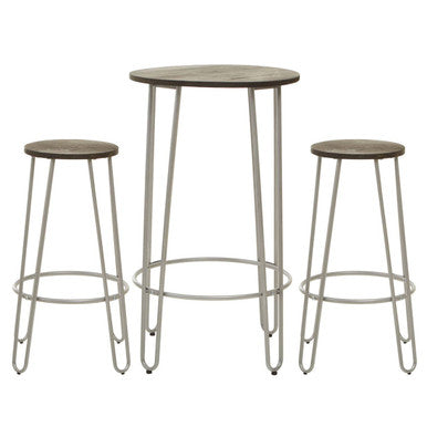 3 Piece Elm Wood Bar Table and Stool Set with Angular Frame in Silver Finish | District