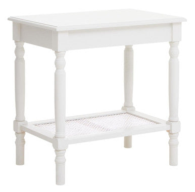White Wooden 2-Tier Side Table with Cane Rattan Webbing Detail and Carved Legs | Heritage