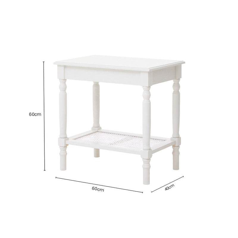 White Wooden 2-Tier Side Table with Cane Rattan Webbing Detail and Carved Legs | Heritage