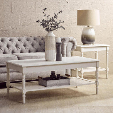 White Wooden 2-Tier Side Table with Cane Rattan Webbing Detail and Carved Legs | Heritage
