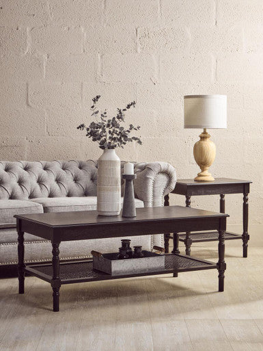 Antique Black Wooden Side Table with Cane Webbing Detail and Carved Spindle Legs | Heritage