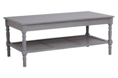Slate Grey Wooden Coffee Table with Cane Webbed Lower Shelf and Carved Spindle Legs | Heritage