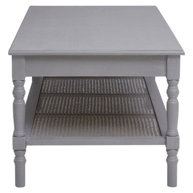 Slate Grey Wooden Coffee Table with Cane Webbed Lower Shelf and Carved Spindle Legs | Heritage