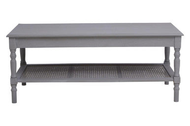 Slate Grey Wooden Coffee Table with Cane Webbed Lower Shelf and Carved Spindle Legs | Heritage