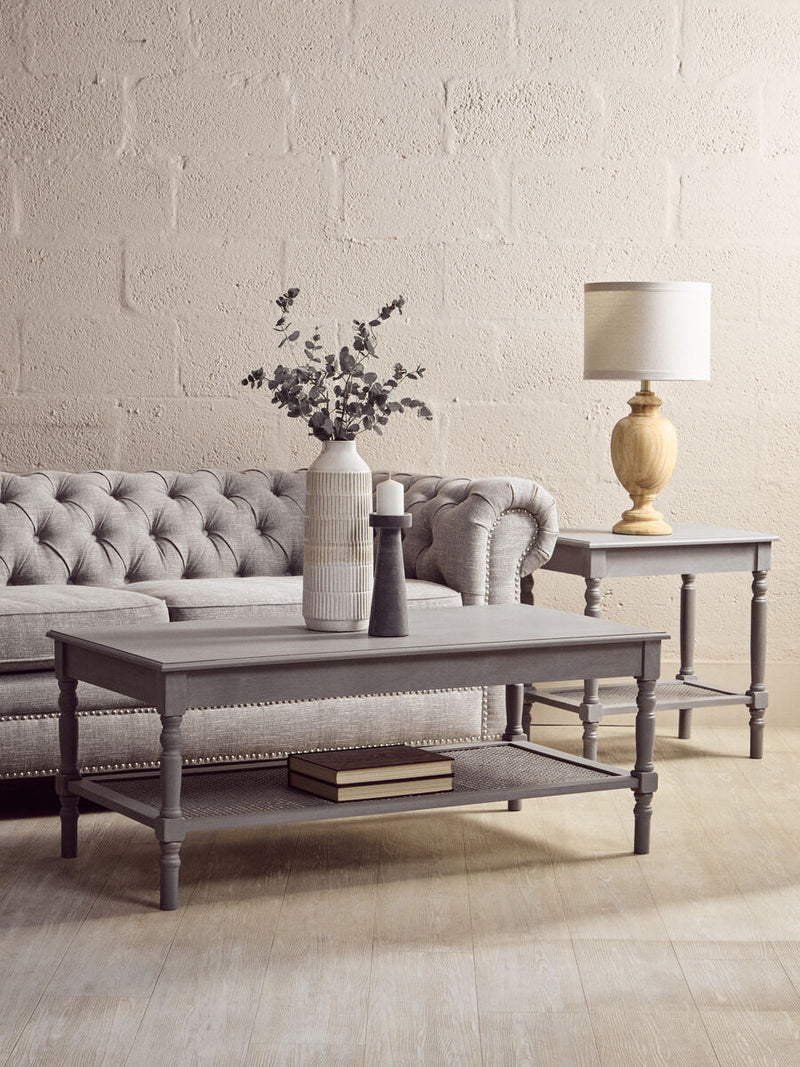 Slate Grey Wooden Coffee Table with Cane Webbed Lower Shelf and Carved Spindle Legs | Heritage