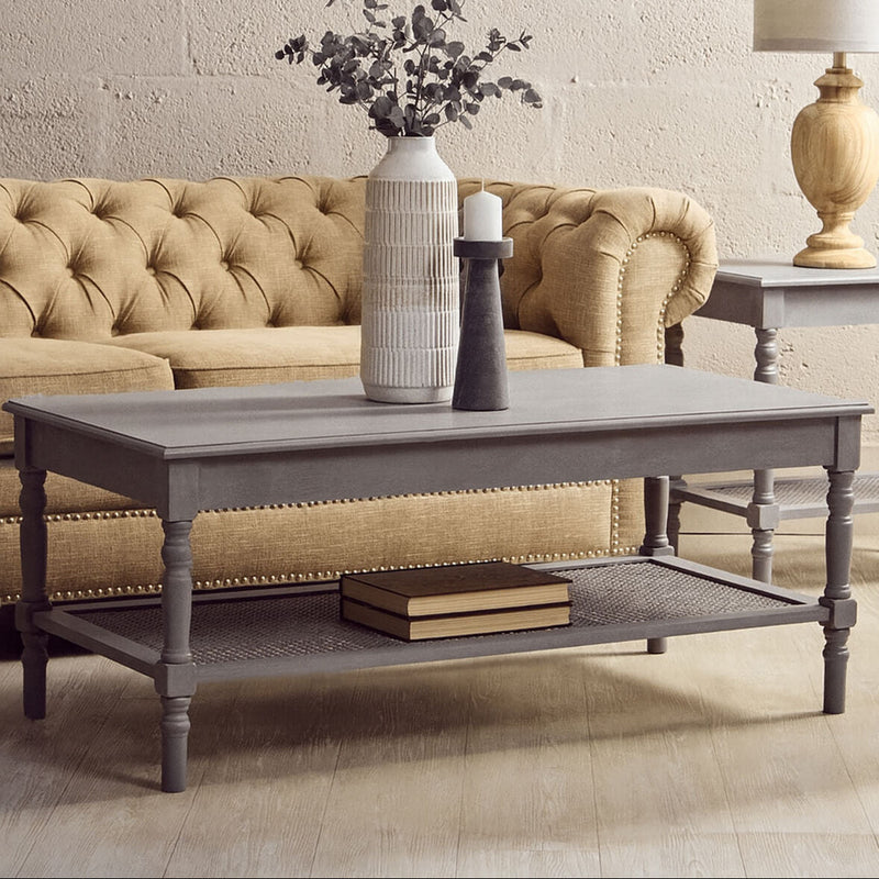 Slate Grey Wooden Coffee Table with Cane Webbed Lower Shelf and Carved Spindle Legs | Heritage