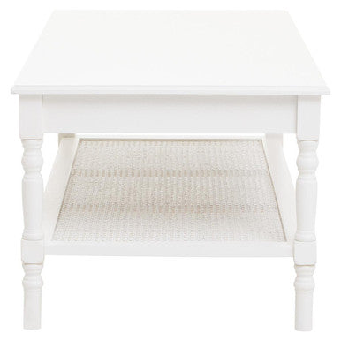 White Wooden Coffee Table with Cane Webbed Lower Shelf and Carved Spindle Legs | Heritage