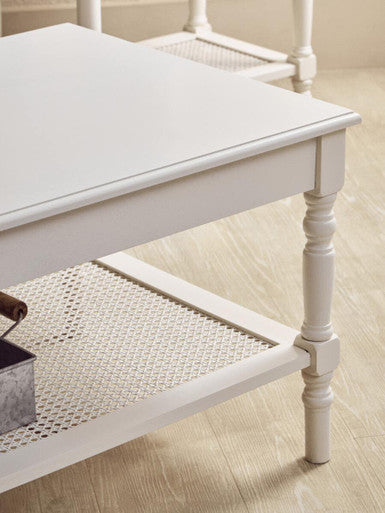 White Wooden Coffee Table with Cane Webbed Lower Shelf and Carved Spindle Legs | Heritage