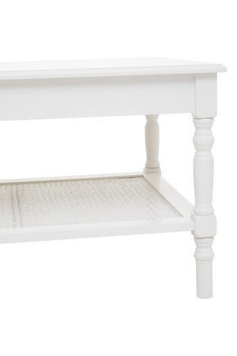 White Wooden Coffee Table with Cane Webbed Lower Shelf and Carved Spindle Legs | Heritage