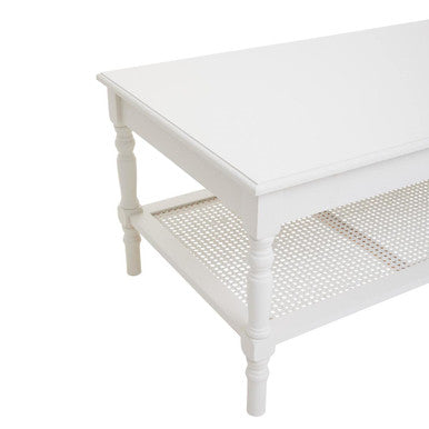 White Wooden Coffee Table with Cane Webbed Lower Shelf and Carved Spindle Legs | Heritage
