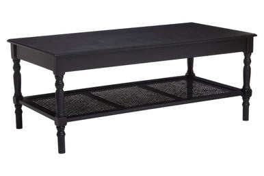 Black Wooden Coffee Table with Cane Webbed Lower Shelf and Carved Spindle Legs | Heritage