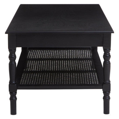 Black Wooden Coffee Table with Cane Webbed Lower Shelf and Carved Spindle Legs | Heritage