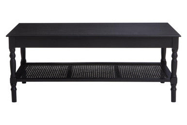 Black Wooden Coffee Table with Cane Webbed Lower Shelf and Carved Spindle Legs | Heritage
