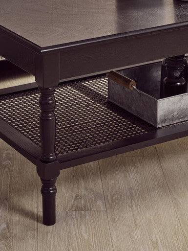 Black Wooden Coffee Table with Cane Webbed Lower Shelf and Carved Spindle Legs | Heritage