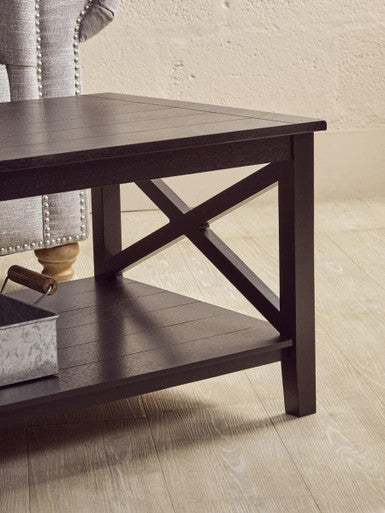 Black Wooden Coffee Table with Lower Shelf and X Frame Side Panels | Heritage