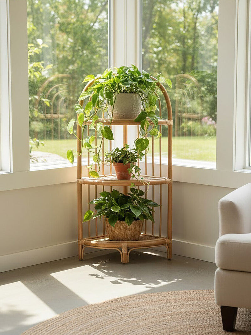 Three Tier Natural Rattan Corner Shelf Unit | Mataram