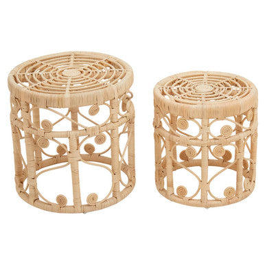 Natural Rattan Set of Two Nesting Tables with Tight Weave Top and Scrolled Base | Mataram