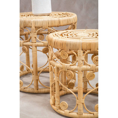 Natural Rattan Set of Two Nesting Tables with Tight Weave Top and Scrolled Base | Mataram