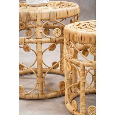 Natural Rattan Set of Two Nesting Tables with Tight Weave Top and Scrolled Base | Mataram