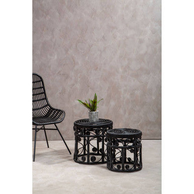 Black Natural Rattan Set of Two Nesting Tables with Tight Weave Top and Scrolled Base | Mataram