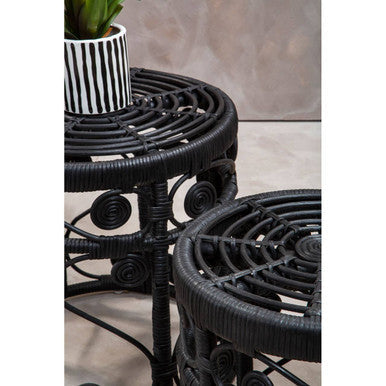 Black Natural Rattan Set of Two Nesting Tables with Tight Weave Top and Scrolled Base | Mataram