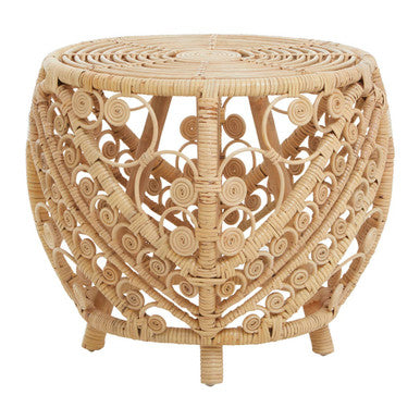 Large Natural Rattan Side Table with Tight Weave and Scrolled Detail | Mataram