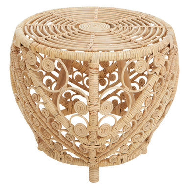 Large Natural Rattan Side Table with Tight Weave and Scrolled Detail | Mataram