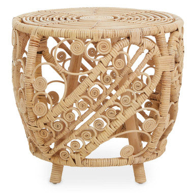 Large Natural Rattan Side Table with Tight Weave and Scrolled Detail | Mataram