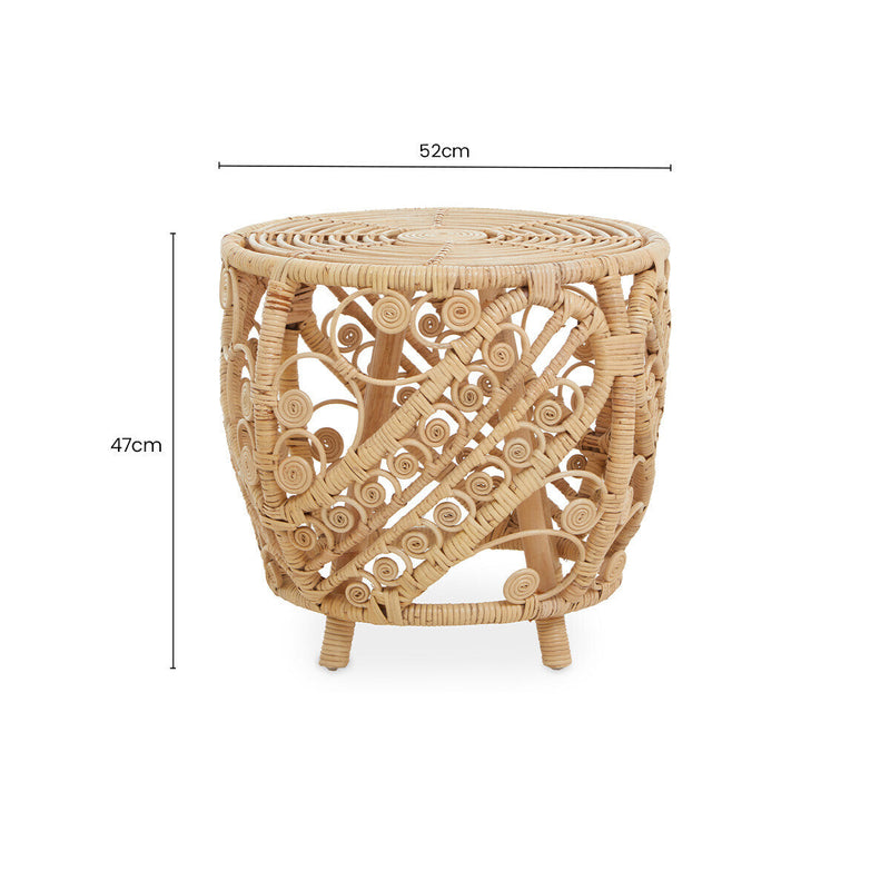 Large Natural Rattan Side Table with Tight Weave and Scrolled Detail | Mataram