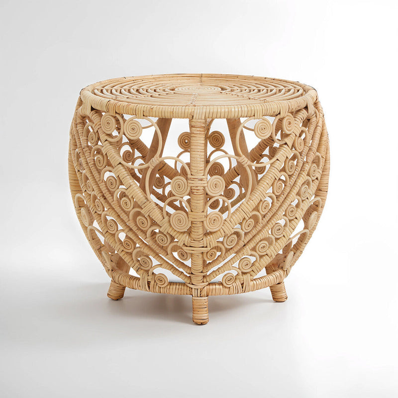 Large Natural Rattan Side Table with Tight Weave and Scrolled Detail | Mataram