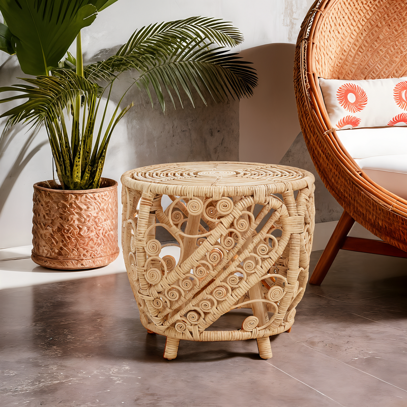 Large Natural Rattan Side Table with Tight Weave and Scrolled Detail | Mataram