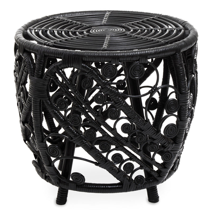Black Natural Rattan Side Table with Tight Weave and Scrolled Detail | Mataram