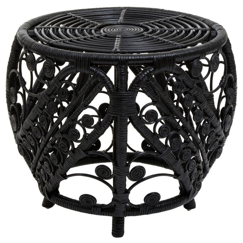 Black Natural Rattan Side Table with Tight Weave and Scrolled Detail | Mataram
