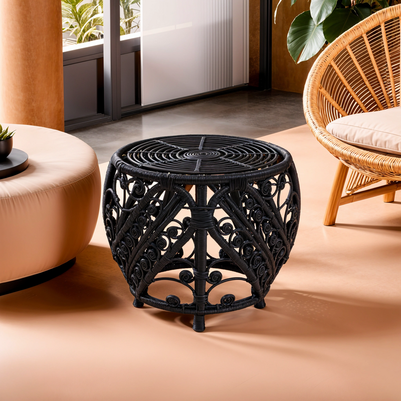 Black Natural Rattan Side Table with Tight Weave and Scrolled Detail | Mataram
