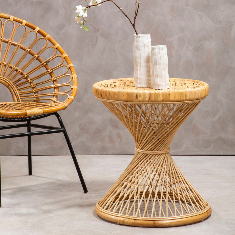 Natural Rattan Side Table with Twisted Base and Tight Weave Top | Mataram