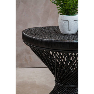 Black Rattan Side Table with Twisted Base and Tight Weave Top | Mataram
